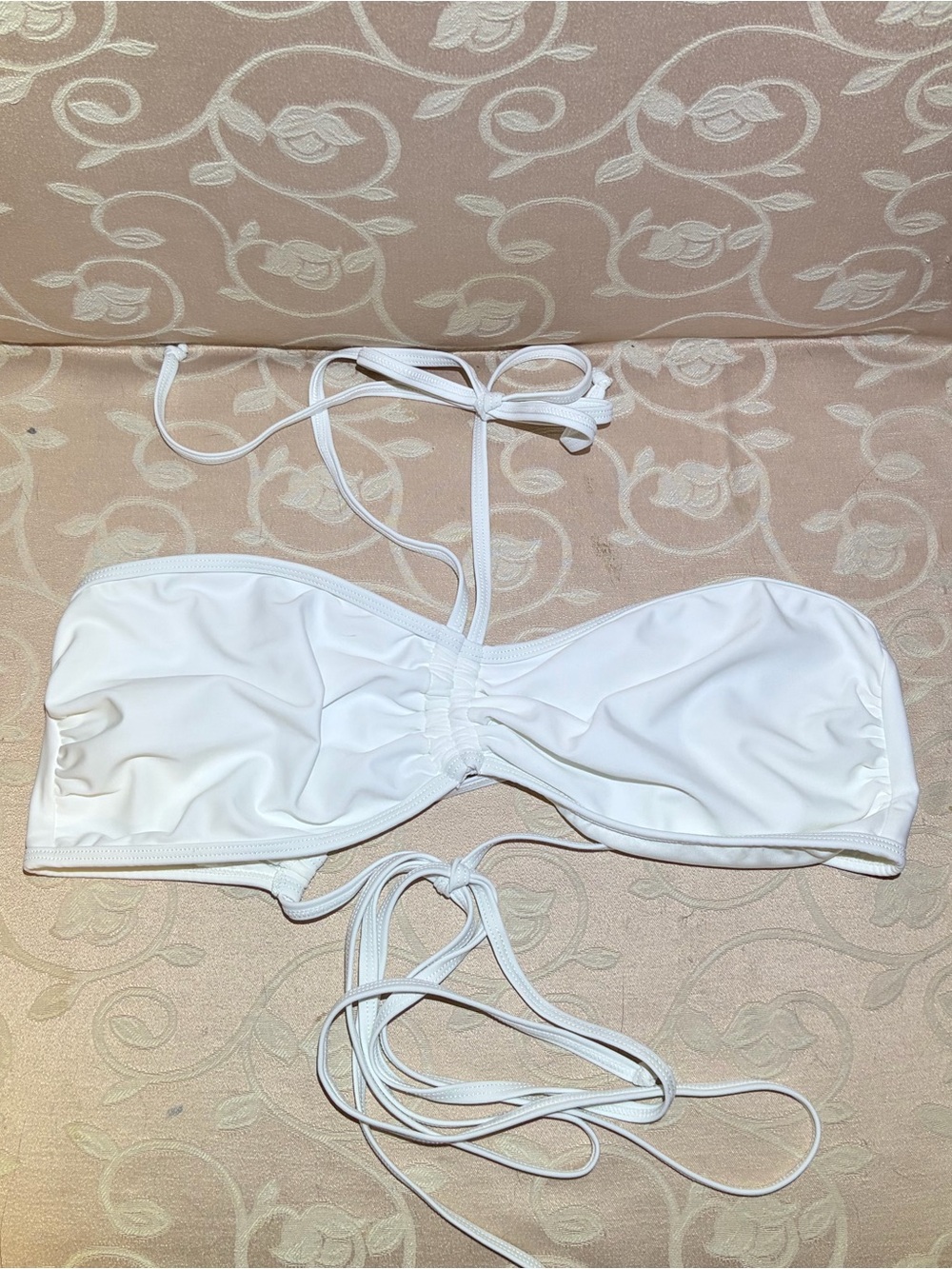 White Full Coverage Bandeau Bikini Top With Extra Long Wraparound Ties. XL